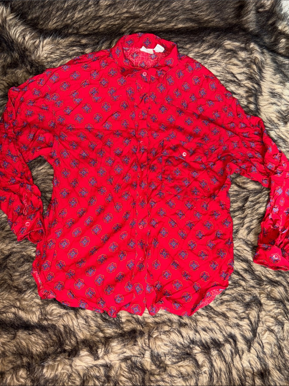 Vintage Liz Claiborne Red Button-Down Shirt with Blue Medallion Print Size 12